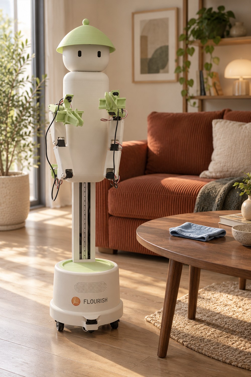 Ivory Flourish 1 robot with pale-green domed cap, exposed articulated gripper arms and a round wheeled base beside a walnut coffee table and rust-colored sofa.