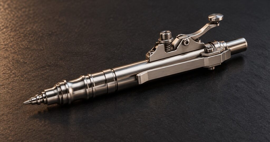 Stainless-steel telegraph-key ballpoint pen on a dark desk