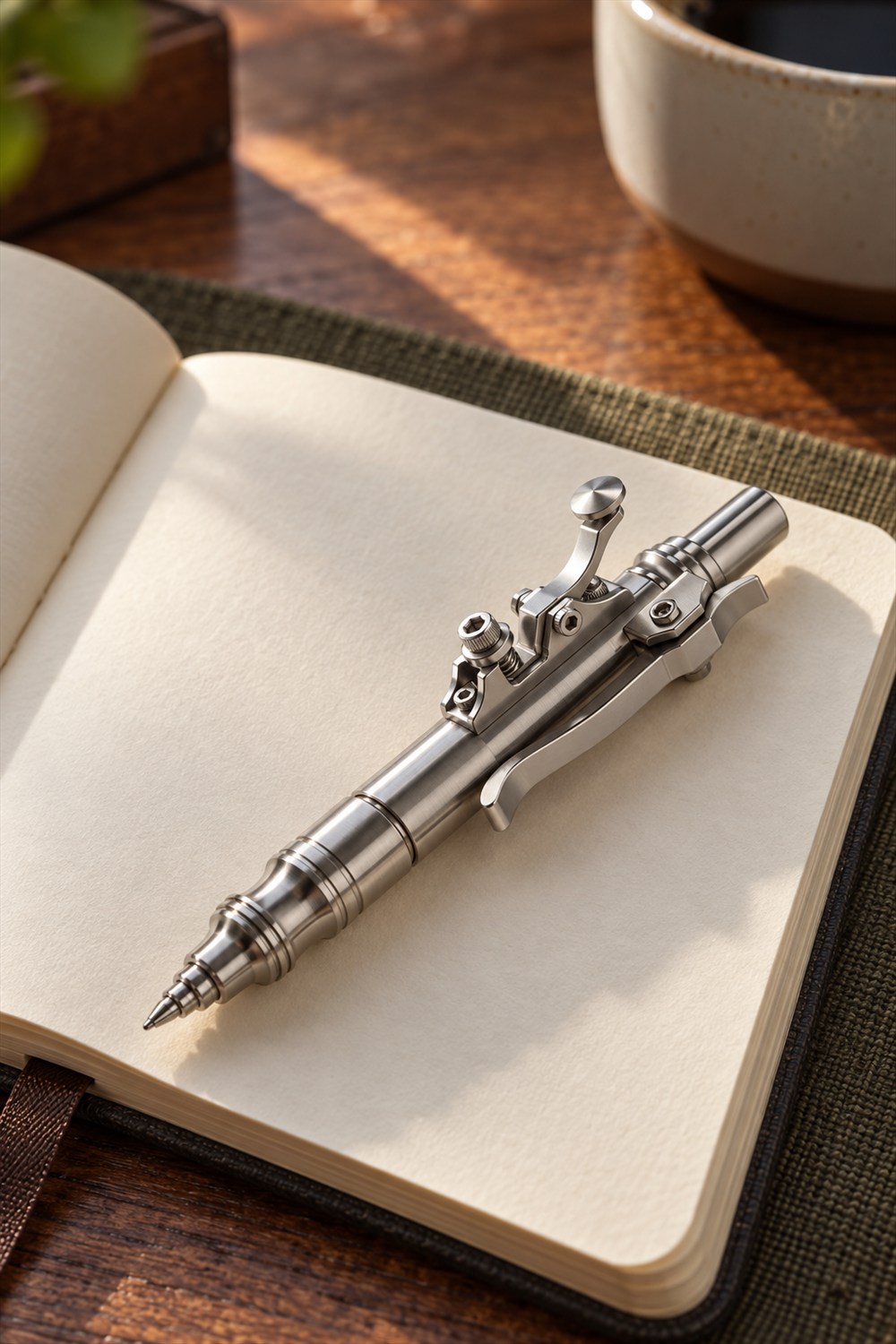 Stainless-steel Gennai SL01 ballpoint pen with a raised telegraph-key lever resting diagonally on a blank notebook on a wooden desk.