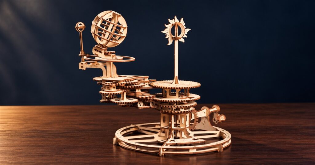 Wooden mechanical tellurion with Earth Moon and Sun