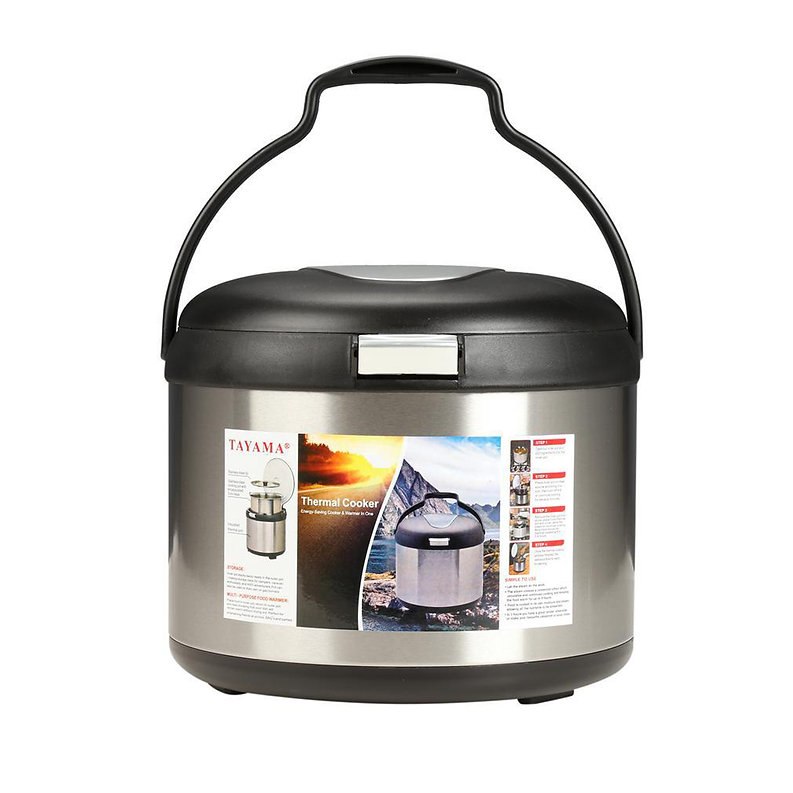 TAYAMA stainless steel thermal cooker with its black carrying handle raised