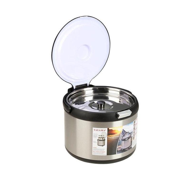 Thermal cooker with its outer lid open and covered inner pot inside