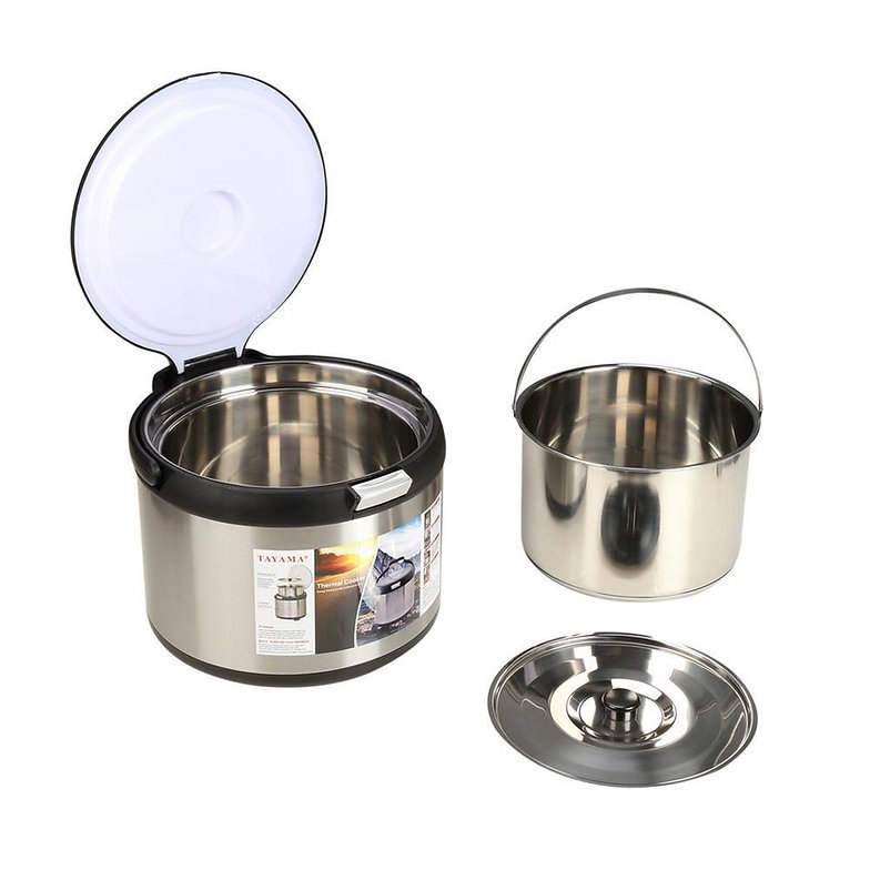Insulated cooker beside its removable stainless steel inner pot and lid