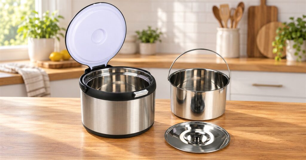 Open thermal cooker with separate stainless steel cooking pot and lid on a kitchen counter
