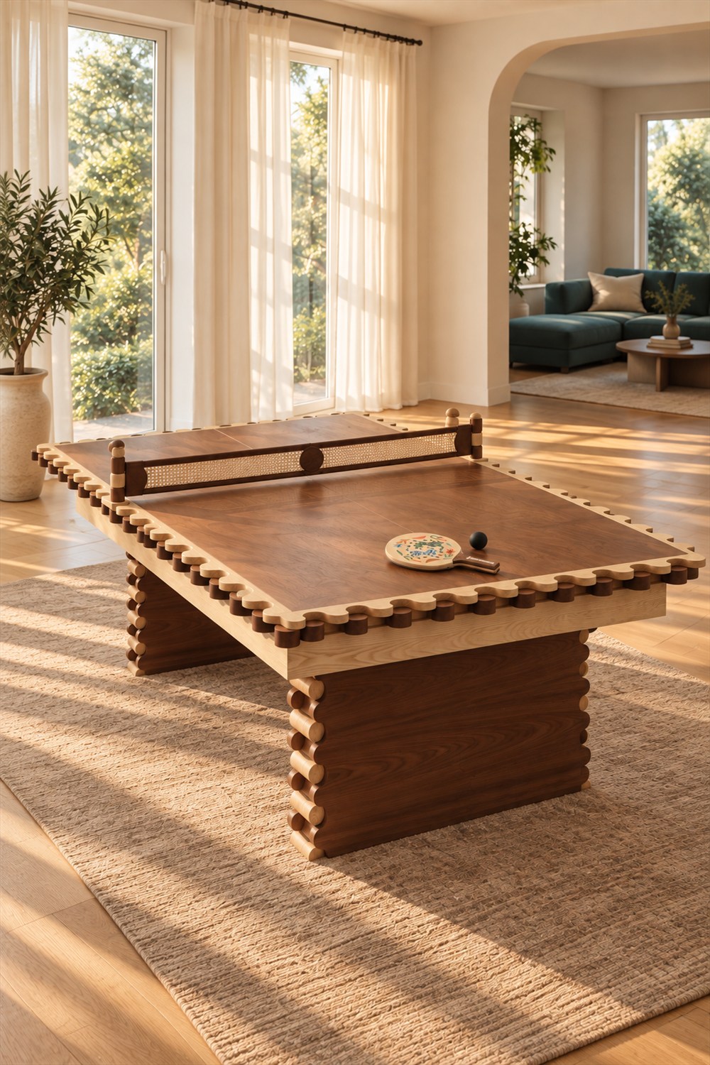 Scalloped two-tone wooden game table with a woven table tennis net, illustrated paddle and ball in a sunlit living space.