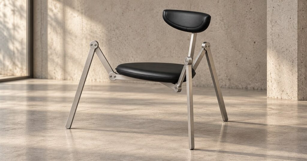 Spider AS-25 three-legged stainless steel lounge chair with black leather upholstery