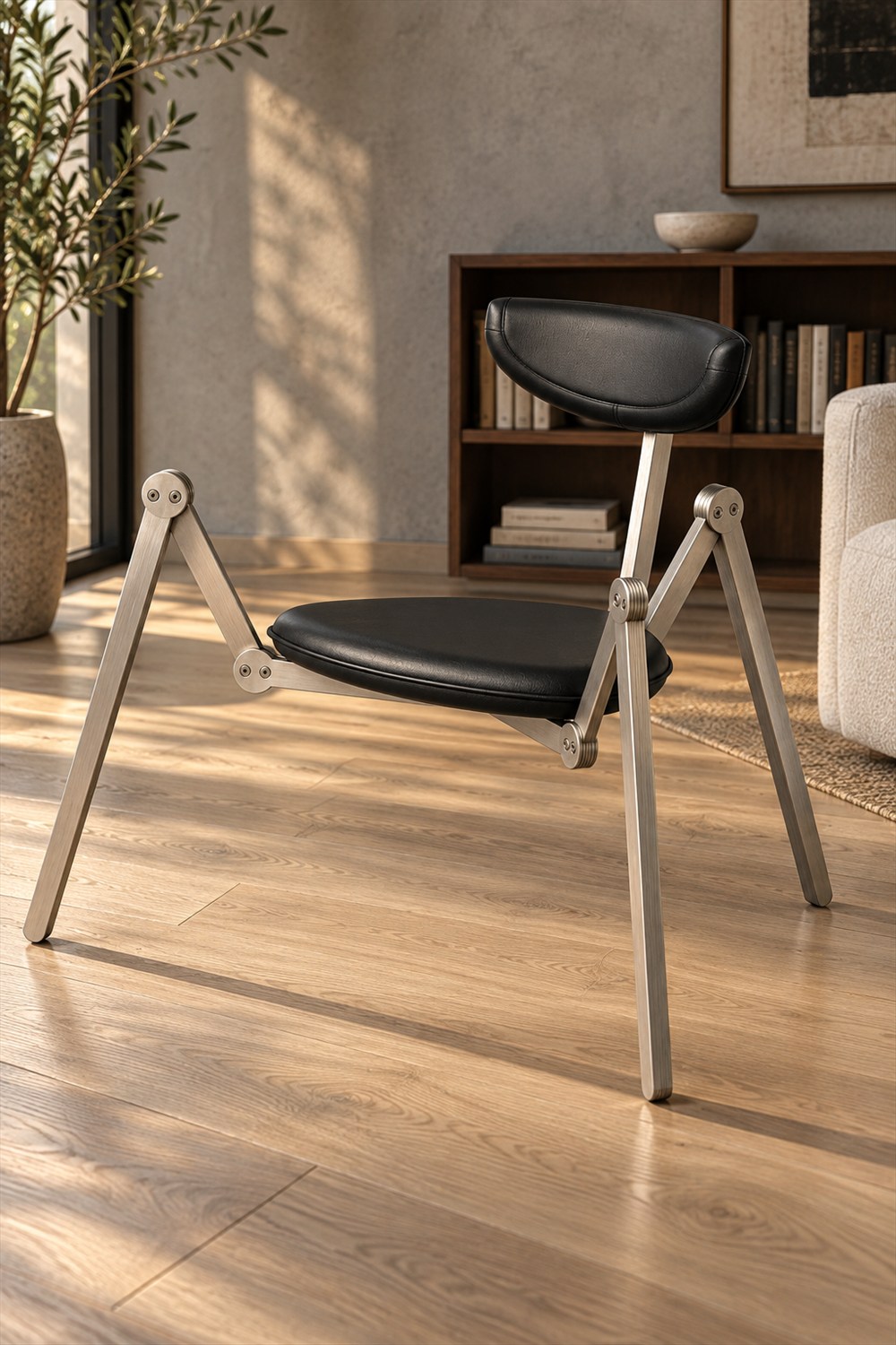 Black leather Spider AS-25 lounge chair with three jointed satin steel legs on a sunlit oak floor in front of a walnut bookcase.