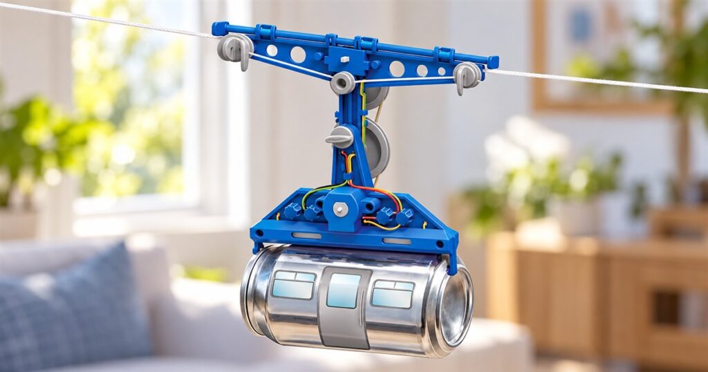 Illustration of a blue and silver tin can cable car suspended on a string