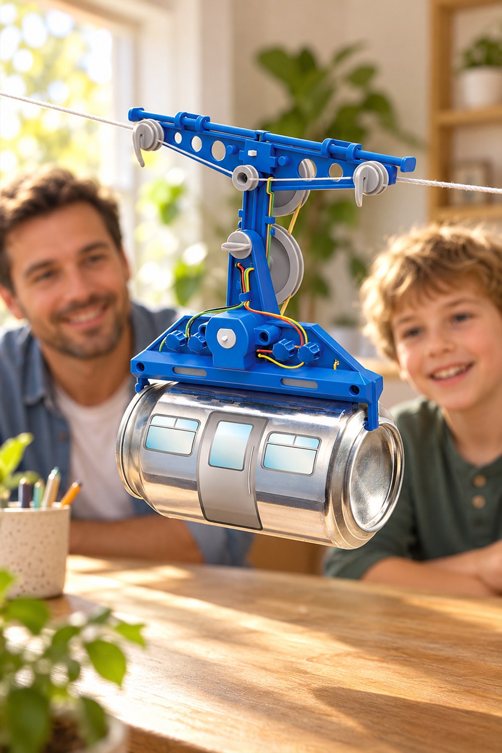 Blue tin can cable car with gray pulleys and a silver soda-can cabin suspended above a sunlit table while a parent and child watch.
