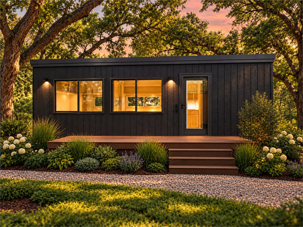 Black eVista XL tiny house exterior with optional deck shown