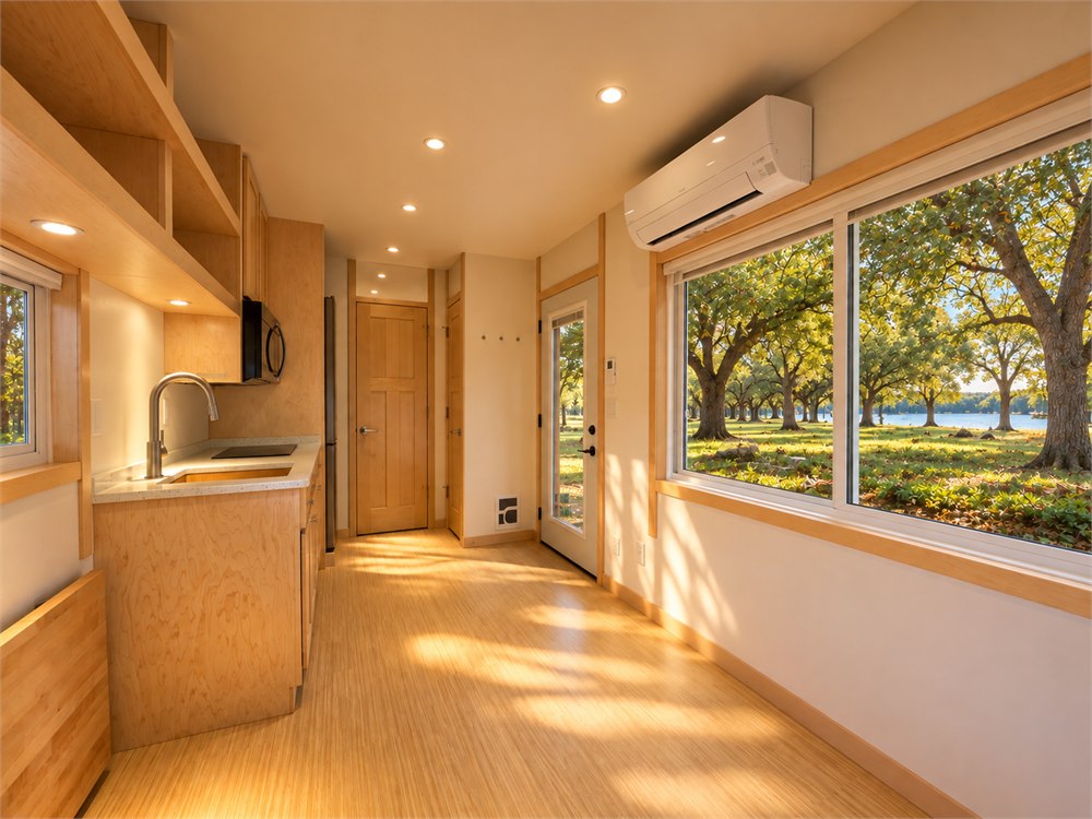 Main room with broad window and split-system heat pump