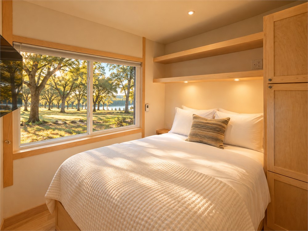 Separate queen bedroom with window and wood storage