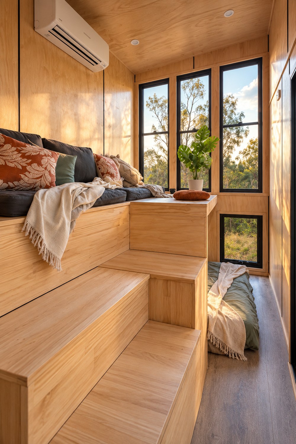 Tiered timber steps and a charcoal cushioned lounge beside a lower sleeping nook and tall black-framed windows in the Wildscape tiny house.