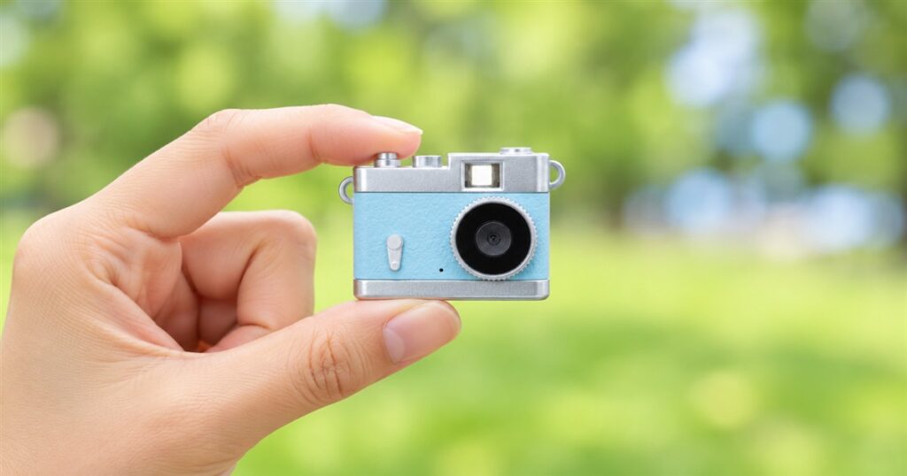 Tiny blue screenless camera held between two fingers