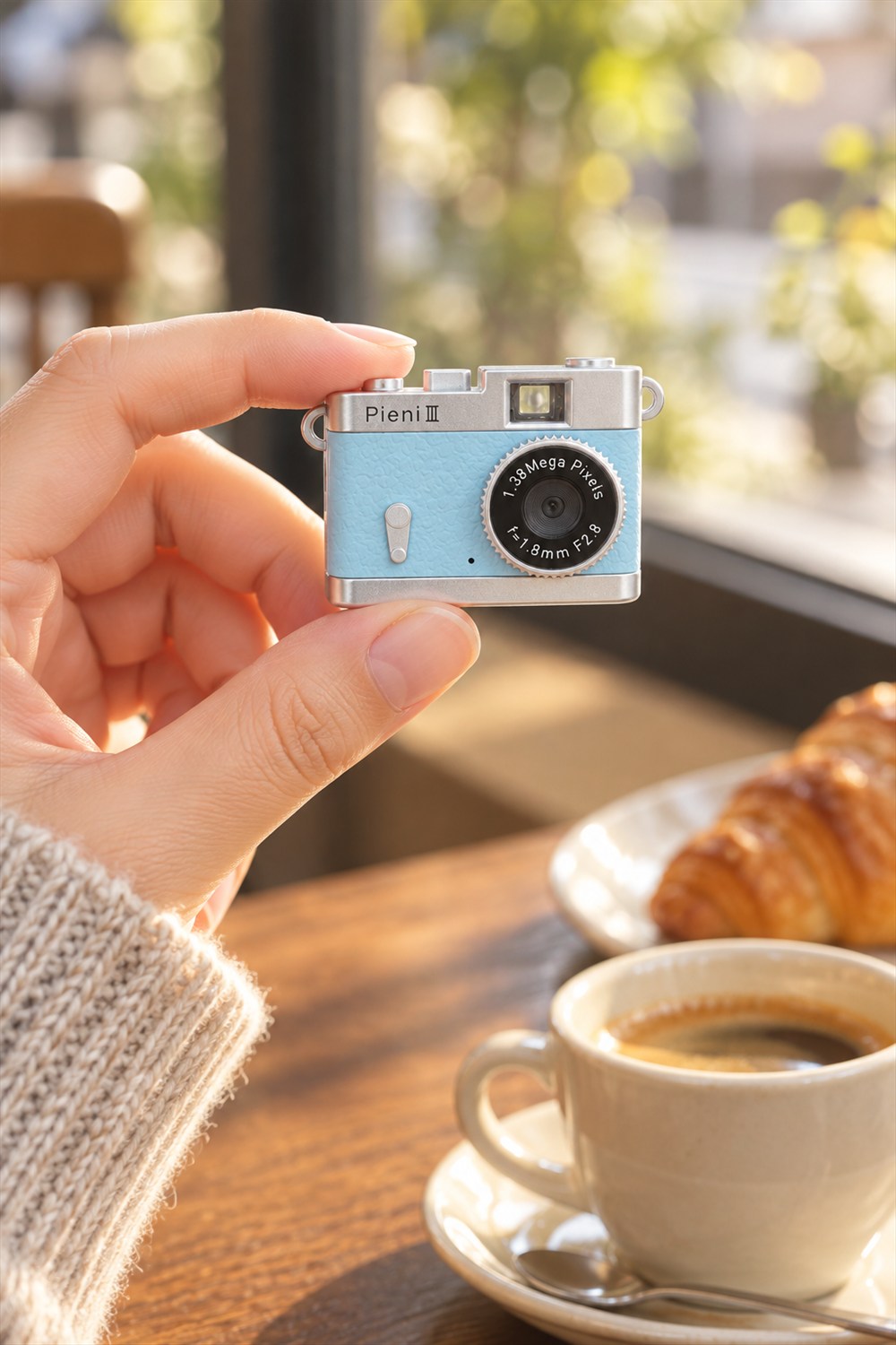 AI-generated lifestyle visualization of a tiny Soda-blue Kenko Pieni III camera held between two fingers above a cafe table with coffee and a croissant.