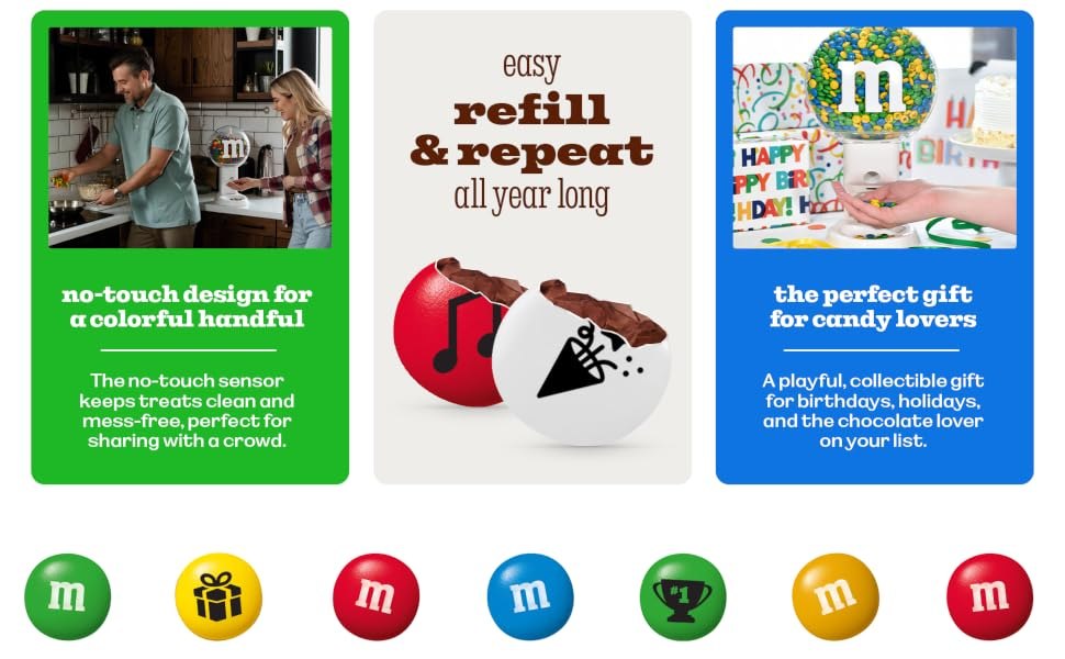 Manufacturer card illustrating refillable candy dispenser use at home and parties