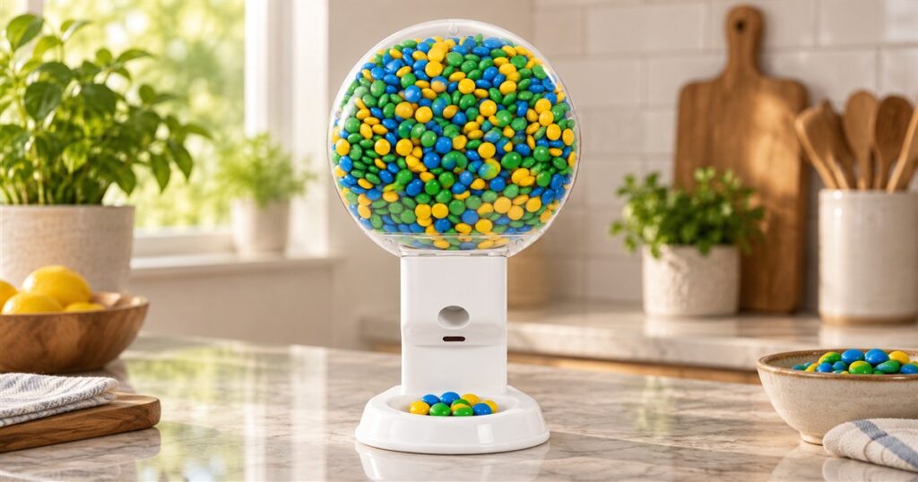 White touchless chocolate candy dispenser on a kitchen counter
