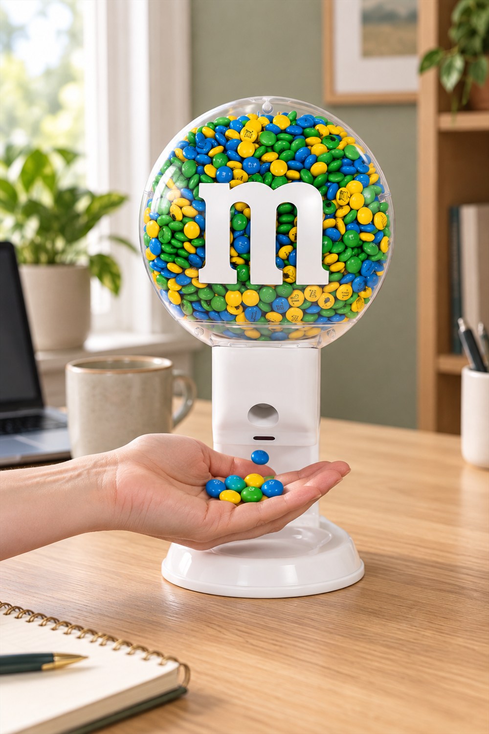 White M&M'S touchless candy dispenser with a clear round reservoir of blue, green and yellow chocolates dispensing into a cupped hand on a wooden desk.