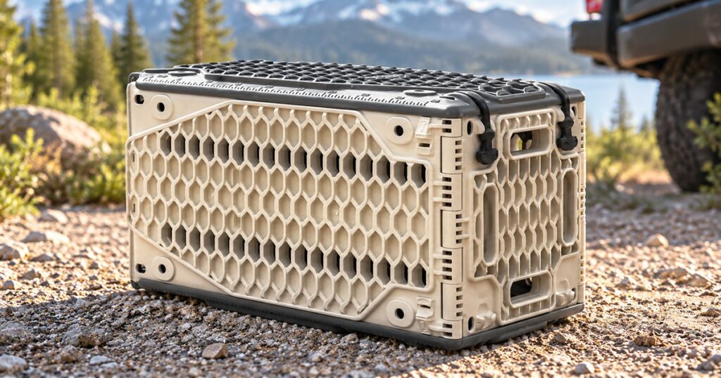 Cream and charcoal traction board storage crate at a campsite