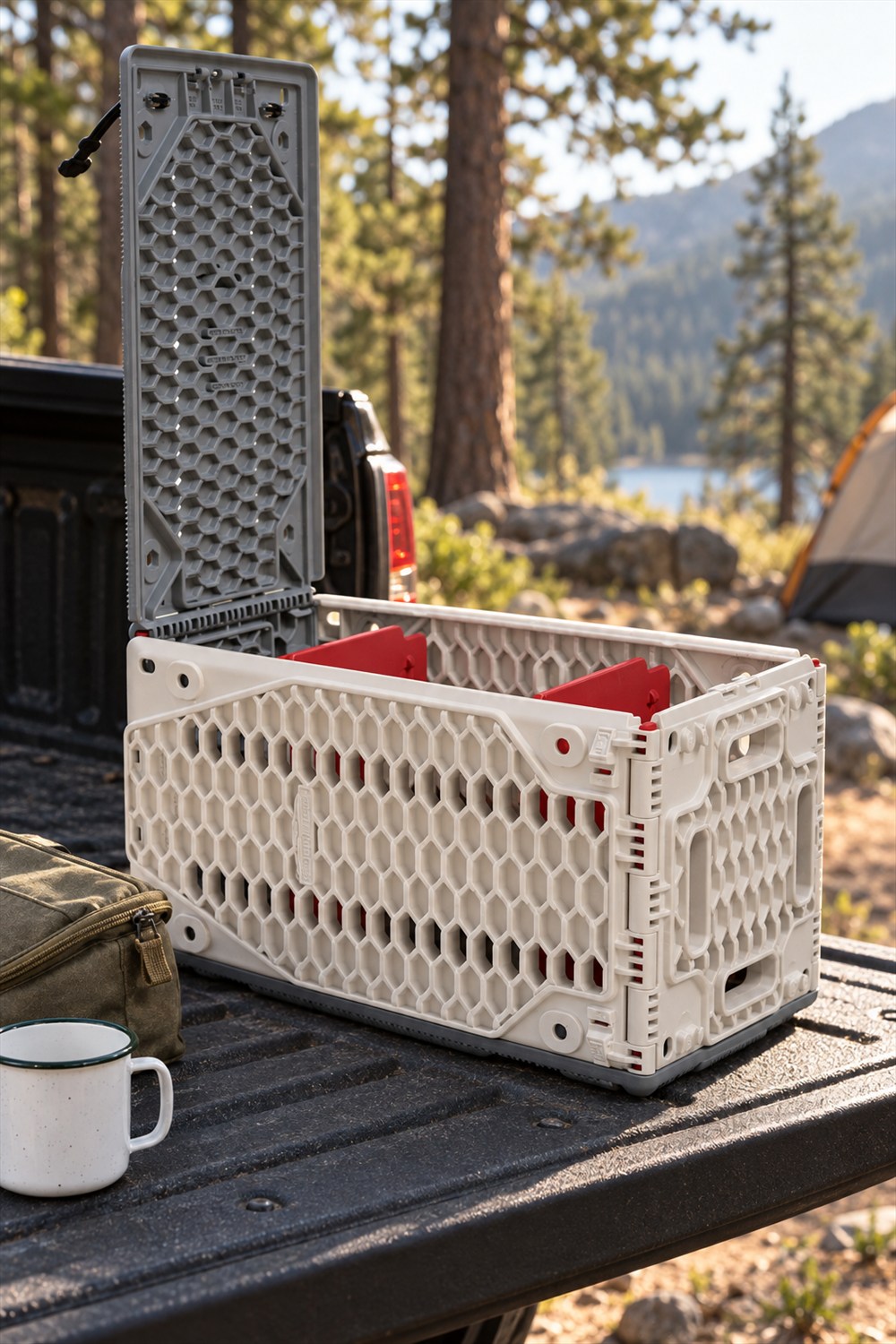 Open Rock Tamers traction crate with cream lattice sides, a raised gray lid and red dividers on a pickup tailgate at a campsite.