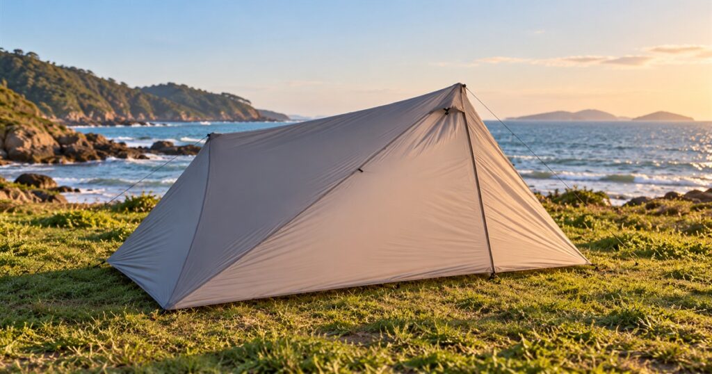 ROAMER solo tent pitched on grass beside the coast