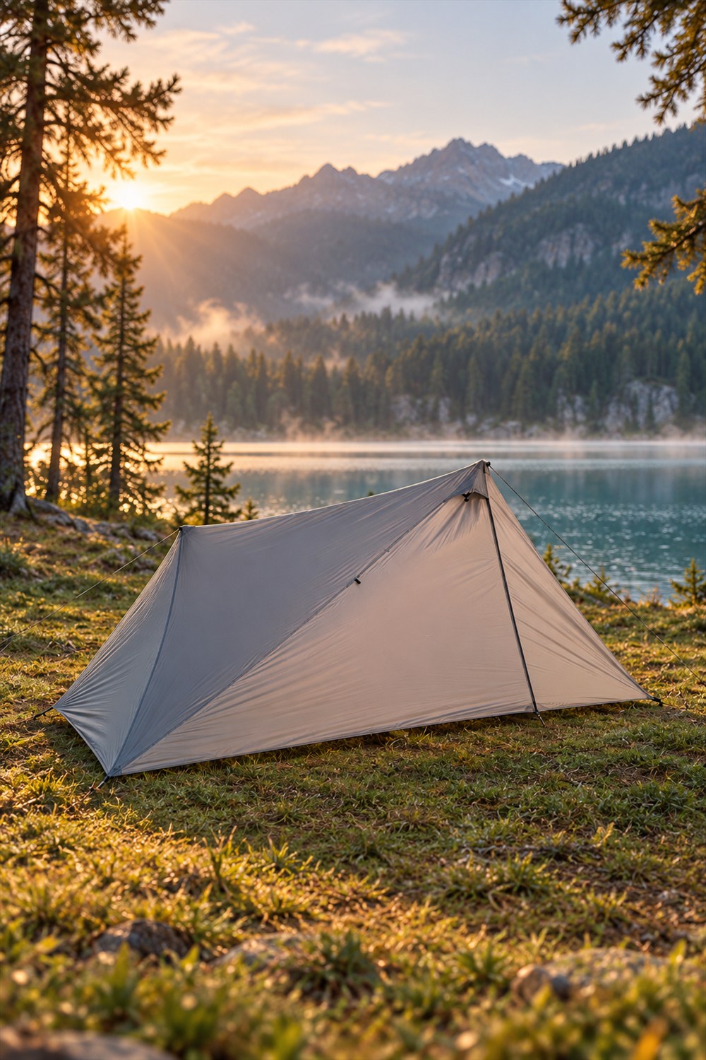 Light gray ROAMER solo tent with unequal roof peaks and staked guylines on grass beside a mountain lake at sunrise.