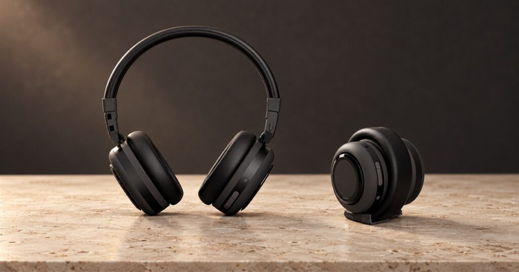 TDM Neo black headphones shown open and rolled into speaker mode