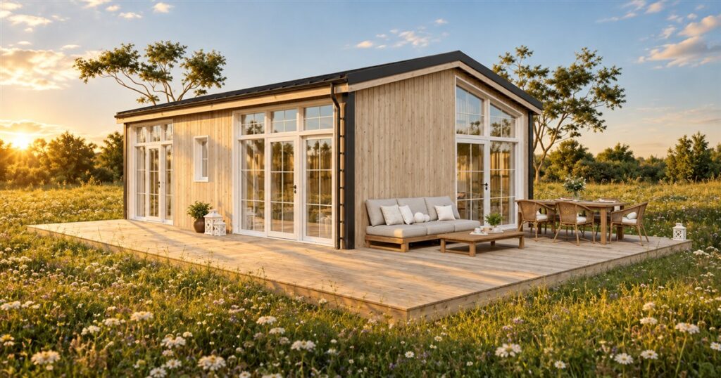 Helena modular home with illustrated terrace in a meadow