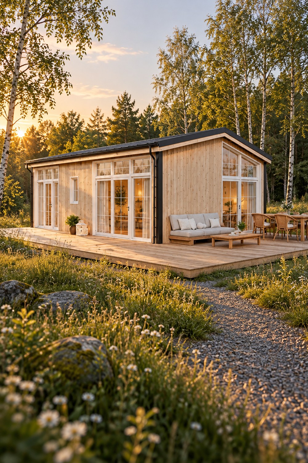 AI visualization of the Helena modular home with pale vertical timber siding, tall white-framed glazing and an optional furnished wooden terrace in a birch clearing at sunset.