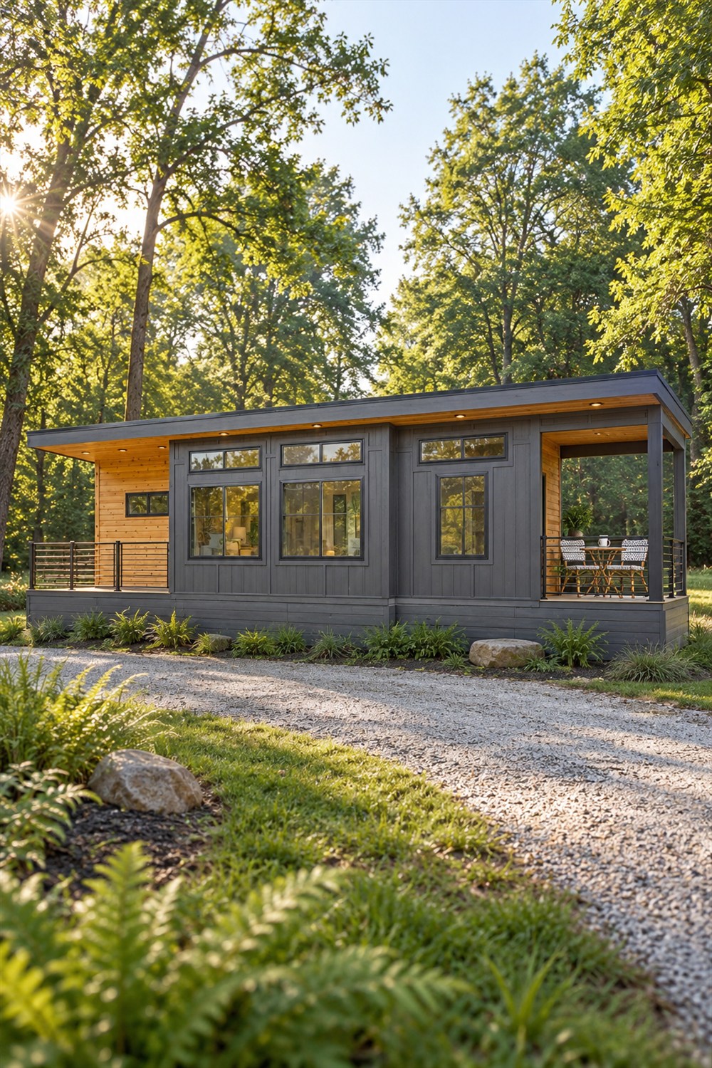 Charcoal-gray Nordic Nook tiny house with covered porches at both ends, wood accents and a bistro table in a sunlit tree-lined clearing.
