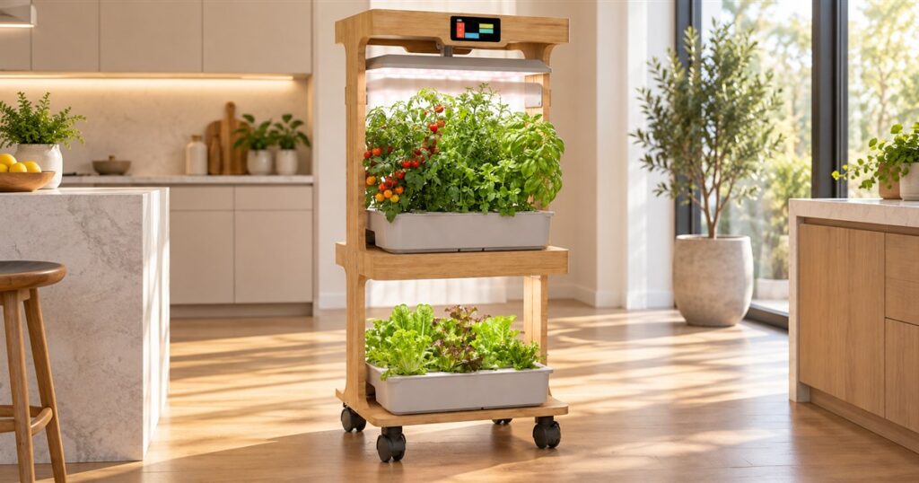 Two-tier bamboo indoor garden with tomatoes and leafy greens