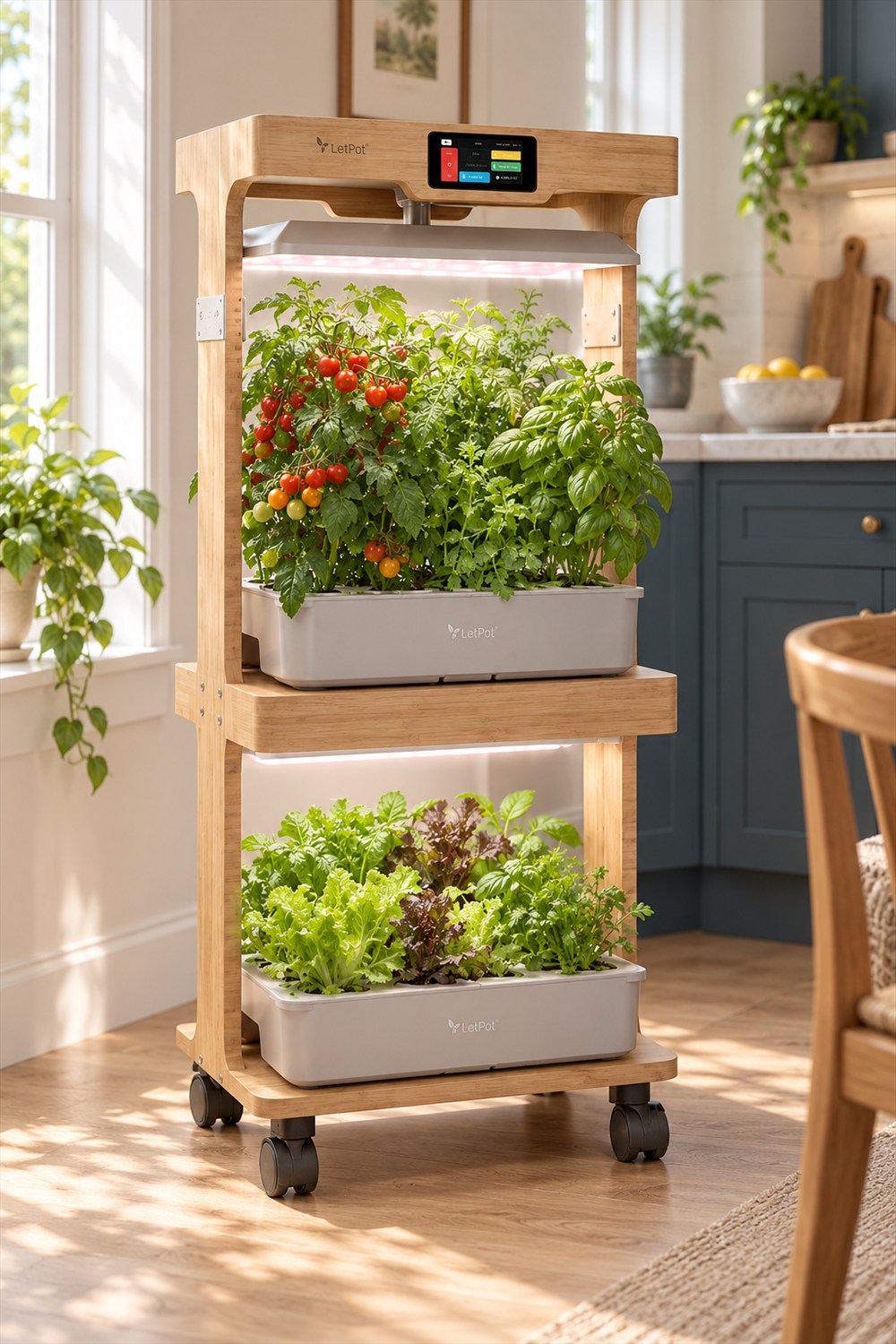 Bamboo LetPot two-tier indoor garden with cherry tomatoes and basil above lettuce and herbs in separate gray reservoirs beside a sunny kitchen window.