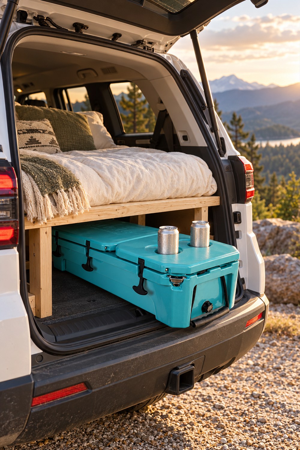 Low teal Hele Ice Box beneath a wooden sleeping platform in an open SUV hatch, with two drink cans in the smaller lid cup holders.
