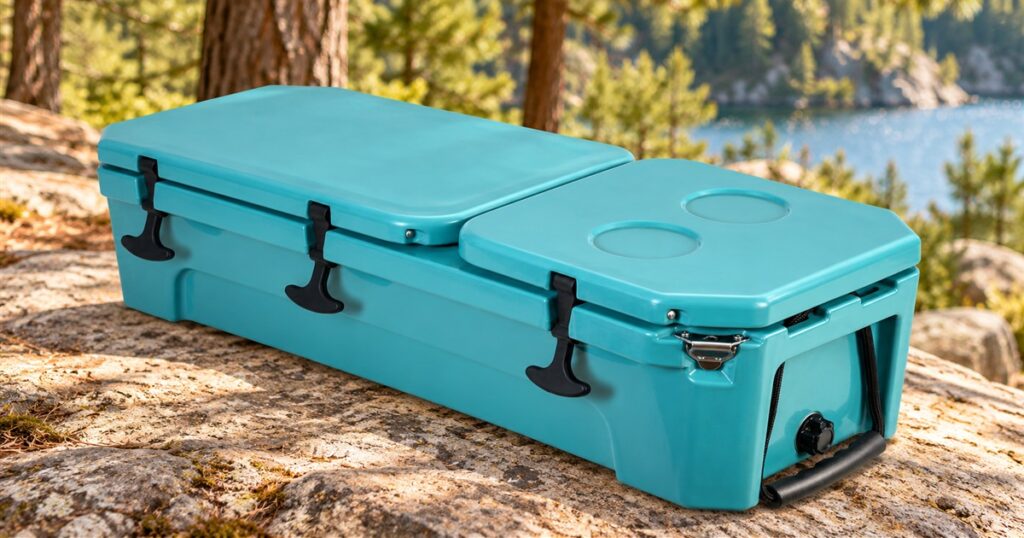 Low-profile teal car-camping cooler with two lids and cup holders