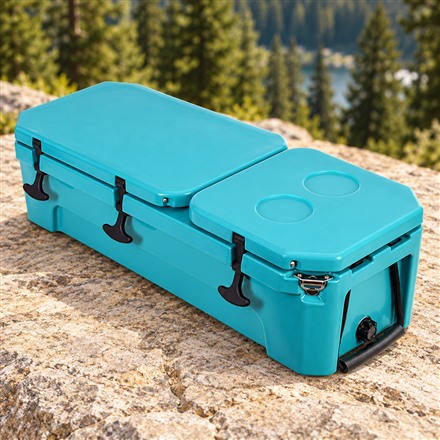 Low-profile teal car-camping cooler with two lids and cup holders