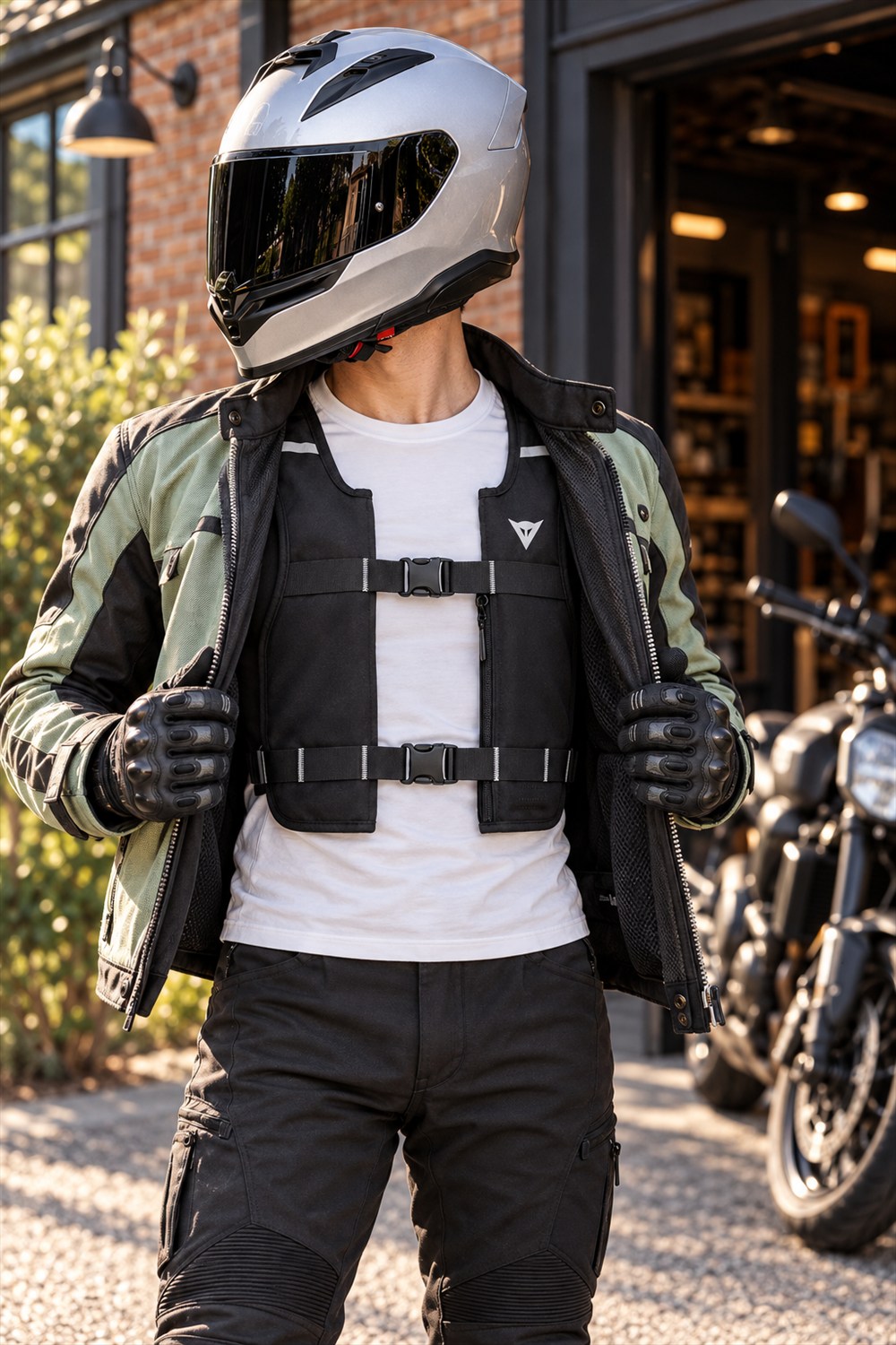 AI visualization of a helmeted rider displaying a black Dainese Smart GO airbag vest with two front buckles beneath an open riding jacket beside a parked motorcycle.