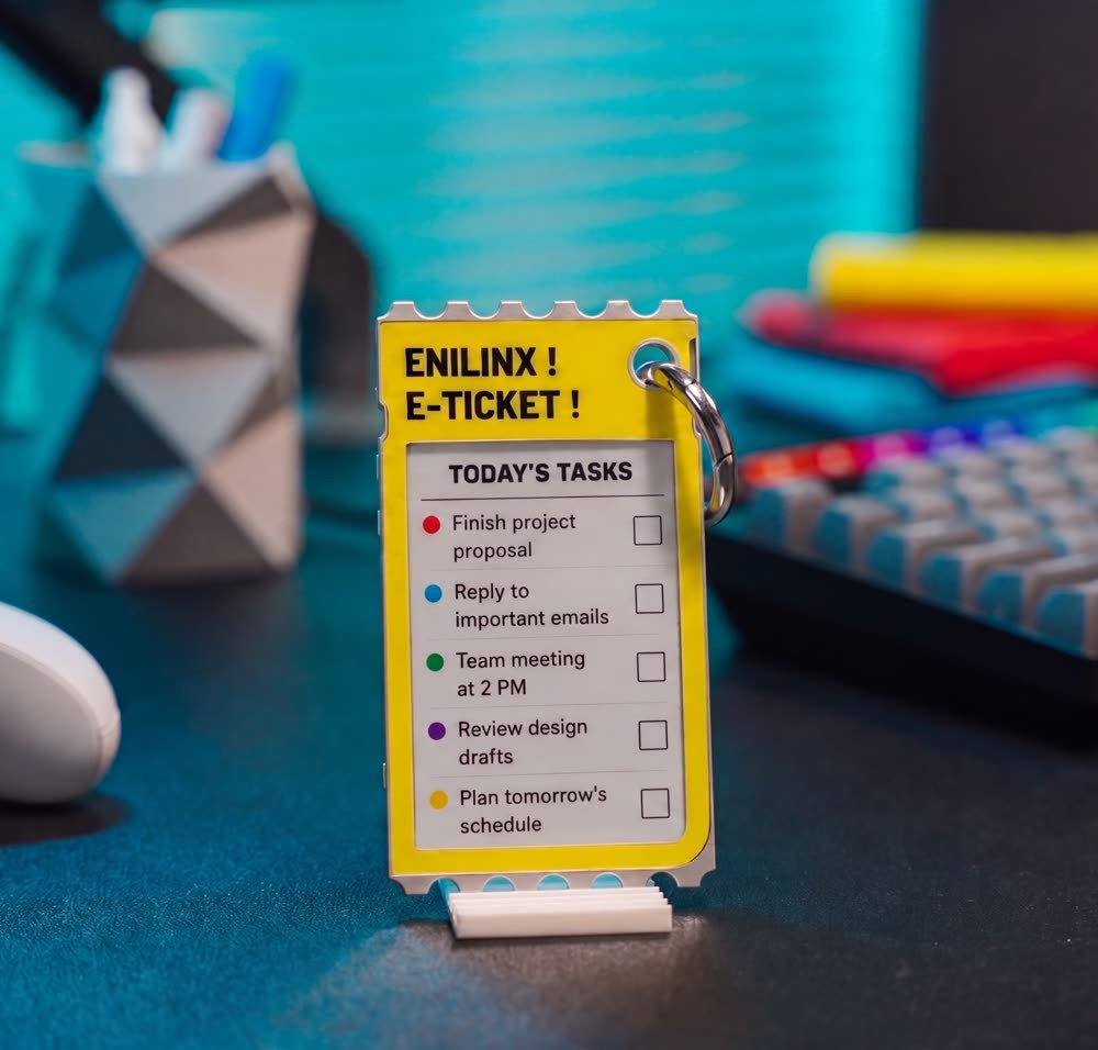 TICKEY standing on a desk with a task reminder layout