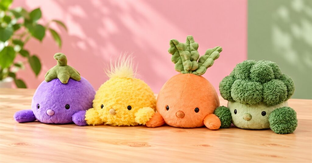 Four vegetable posture plush characters on a wooden desk