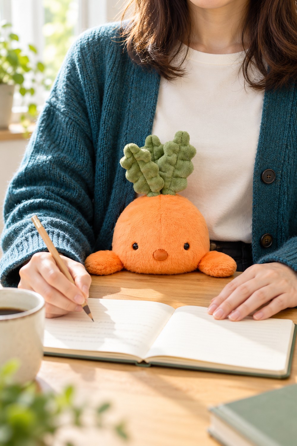 Orange carrot posture plush with leafy green top resting between a seated person and a wooden desk while they write in a notebook.