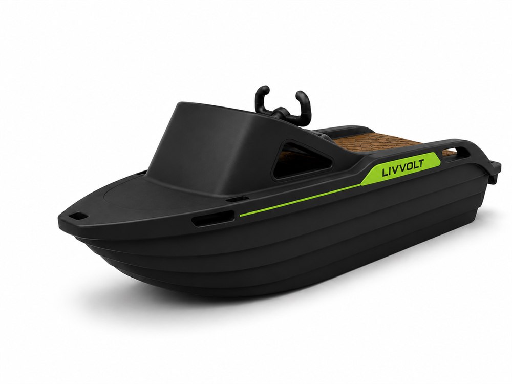 LIVVOLT electric kart boat with black hull and green side accents