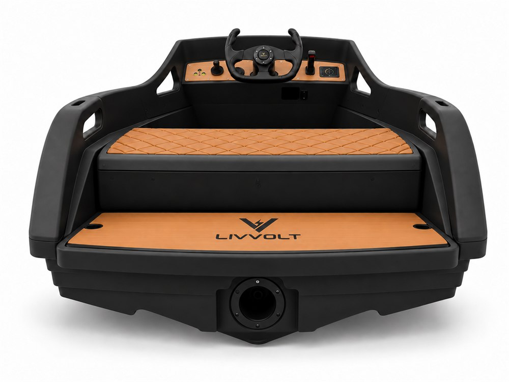 Rear view of the electric kart boat showing its jet outlet and cockpit
