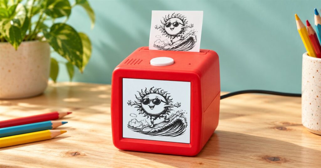 Red voice-powered sticker printer showing a black-and-white surfing sun
