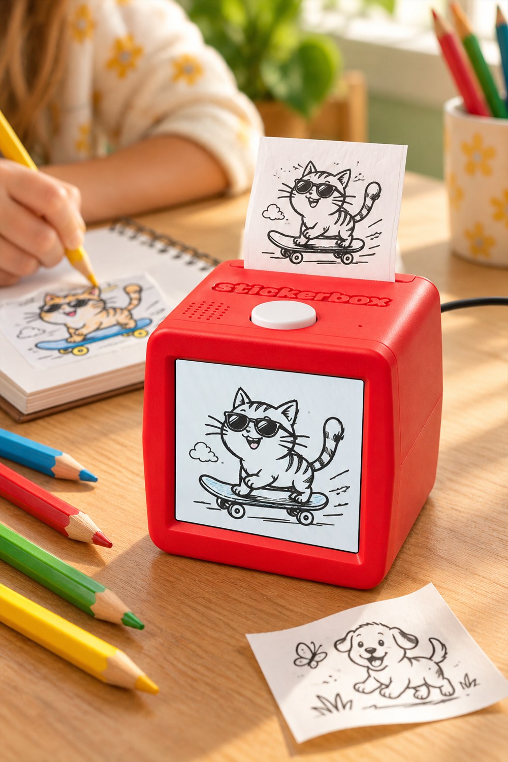 Red Stickerbox printer with a black-and-white cat sticker emerging from its top, beside colored pencils and a child coloring at a craft table.