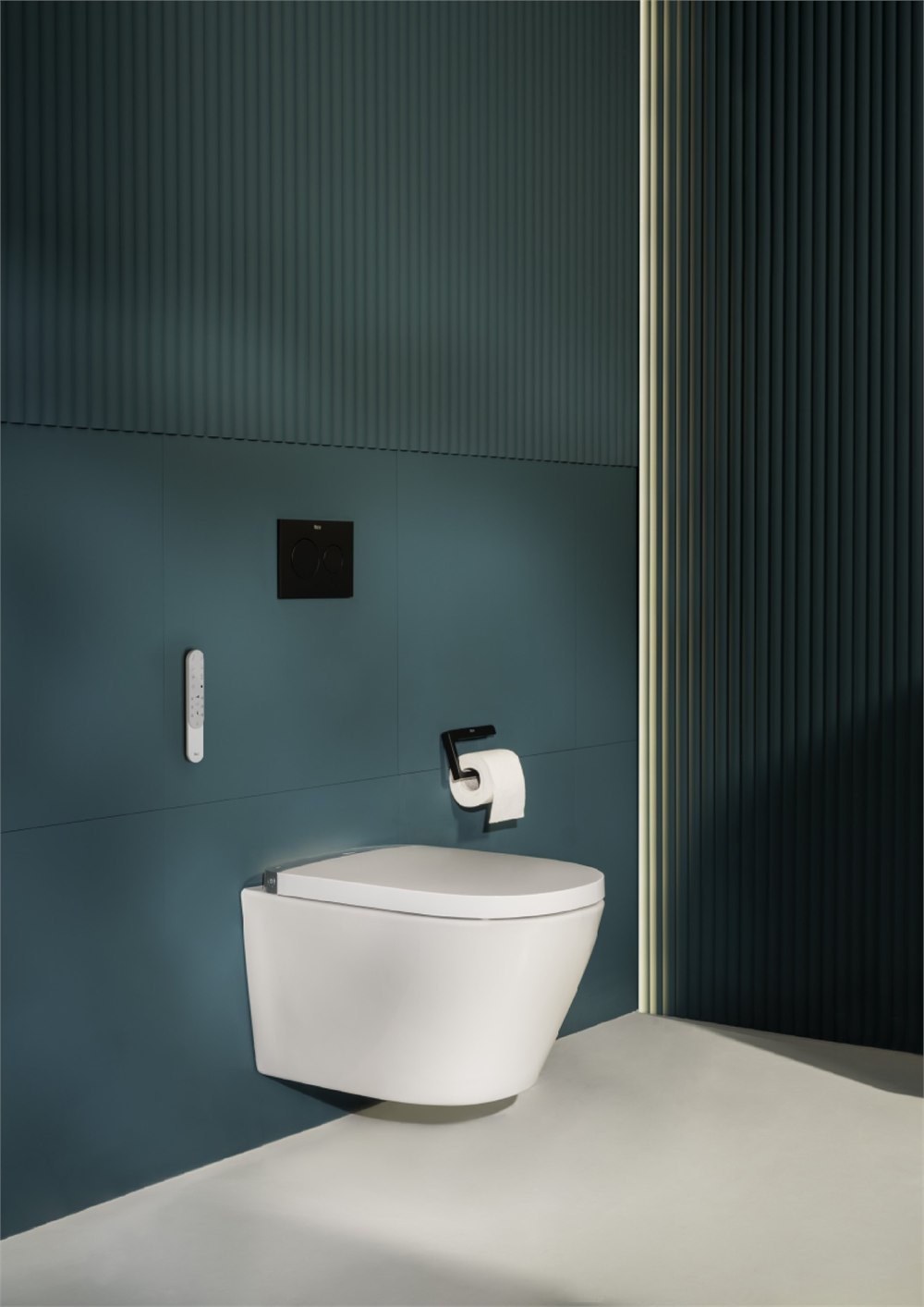 Roca In-Wash Vorea wall-hung smart bidet toilet in a teal bathroom