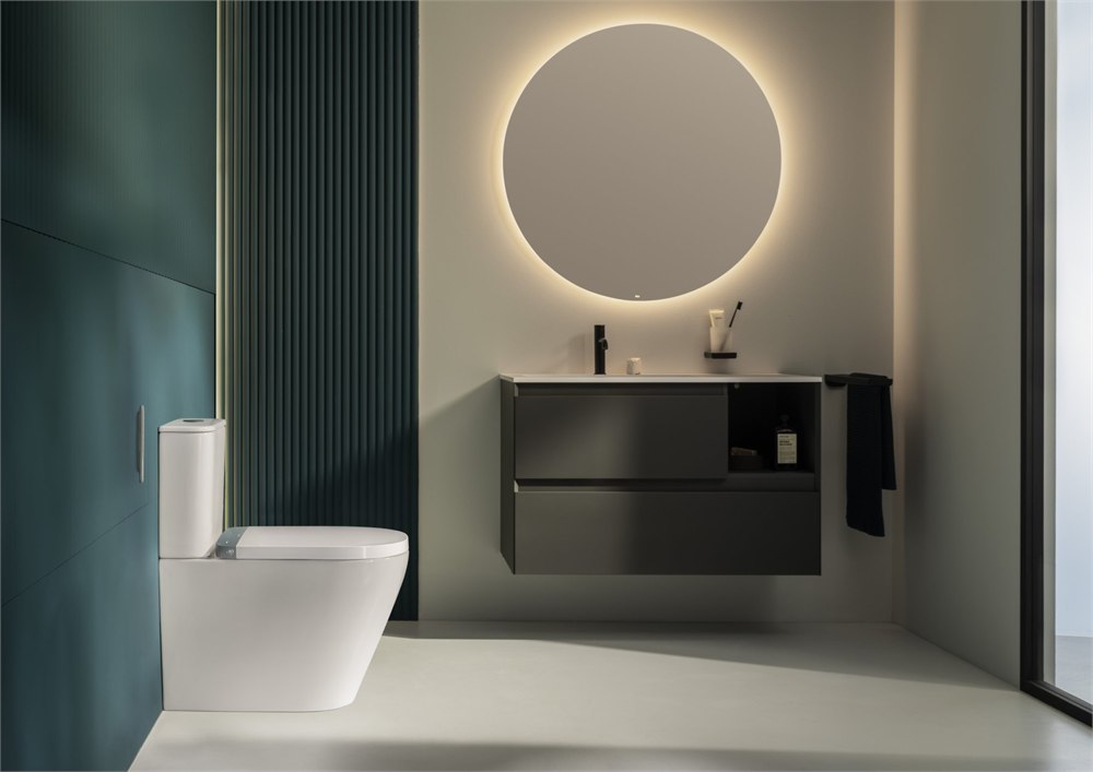 Floor-standing Vorea toilet with a cistern beside a bathroom vanity