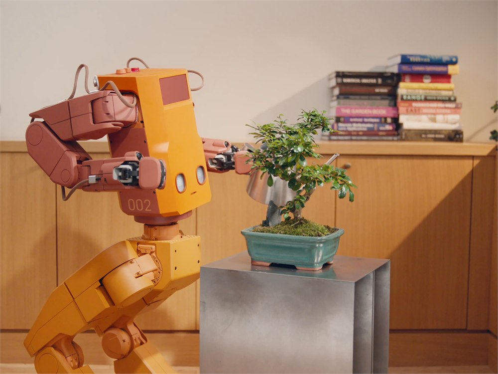 Voxel concept robot beside a potted plant