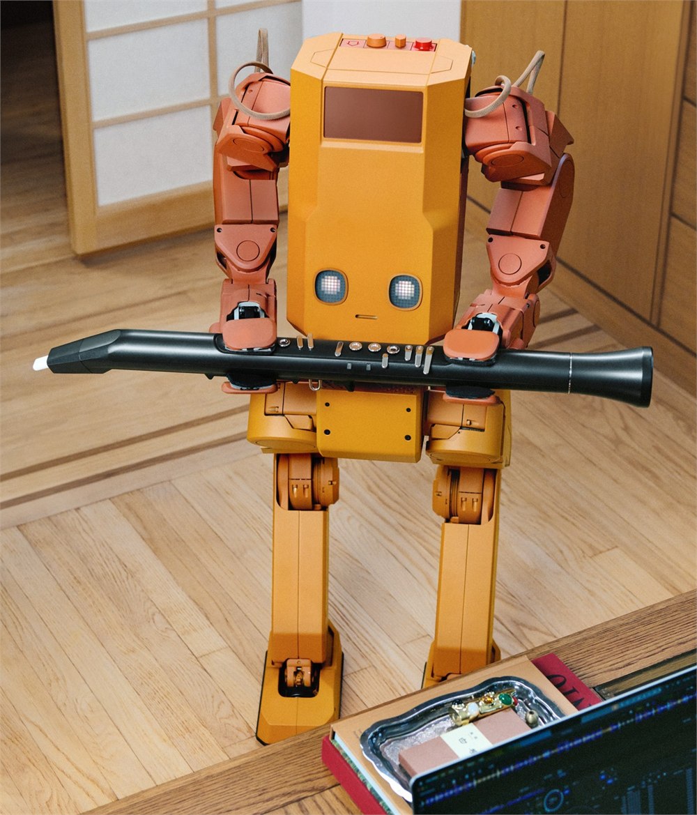 Voxel robot holding a clarinet in an official concept photo