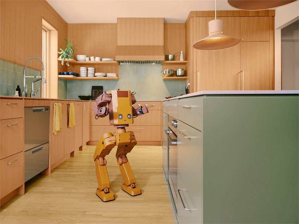 Voxel home robot standing among kitchen cabinets