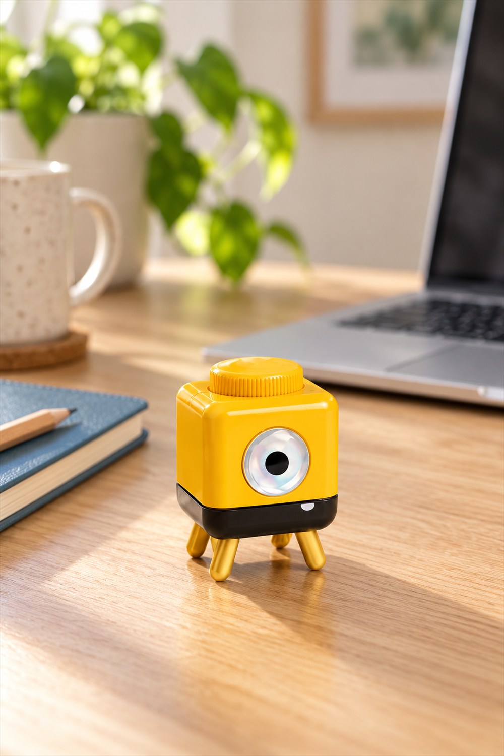 A yellow one-eyed PalmBlock StepTimer with a ridged top dial, black base and four golden legs stands on an oak desk beside a notebook and laptop.