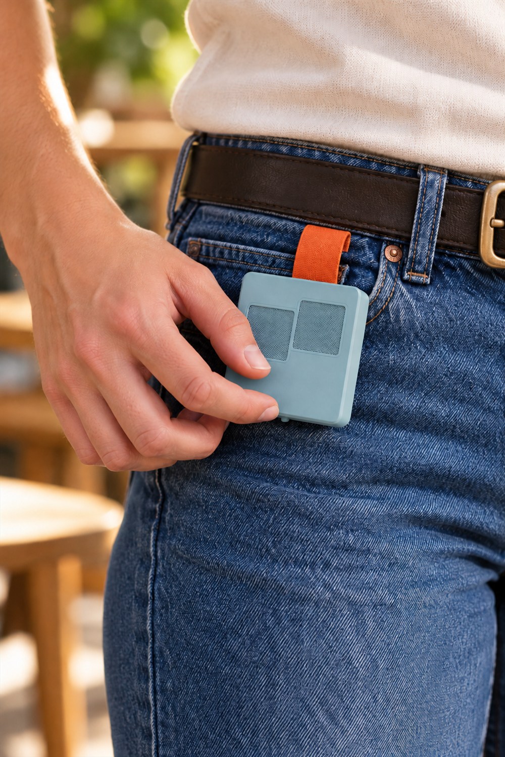 AI-generated lifestyle visualization of the pale blue TypAir prototype clipped beside a jeans pocket with an orange strap, with a hand touching its front below two textured square pads.